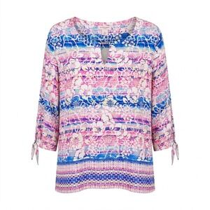 Allison Daley Woman 3X Pink Blue Floral Split Neck 3/4 Tie Sleeve Blouse Tunic